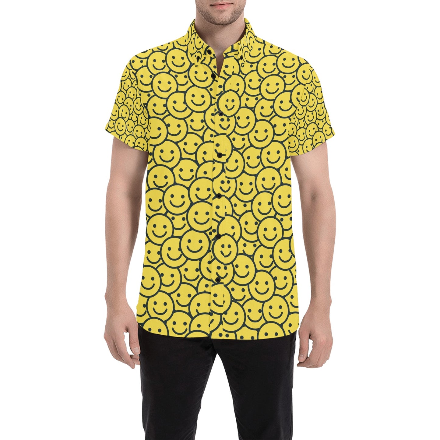 Smiley Face Emoji Print Design LKS302 Men Short Sleeve Button Up Shirt