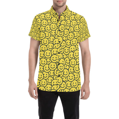 Smiley Face Emoji Print Design LKS302 Men Short Sleeve Button Up Shirt