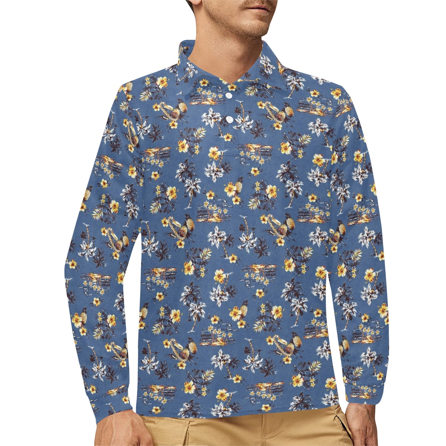 Hawaiian Flower Blue Print Long Sleeve Polo Shirt For Men's