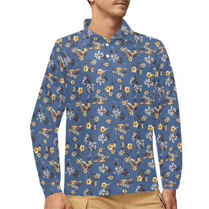 Hawaiian Flower Blue Print Long Sleeve Polo Shirt For Men's