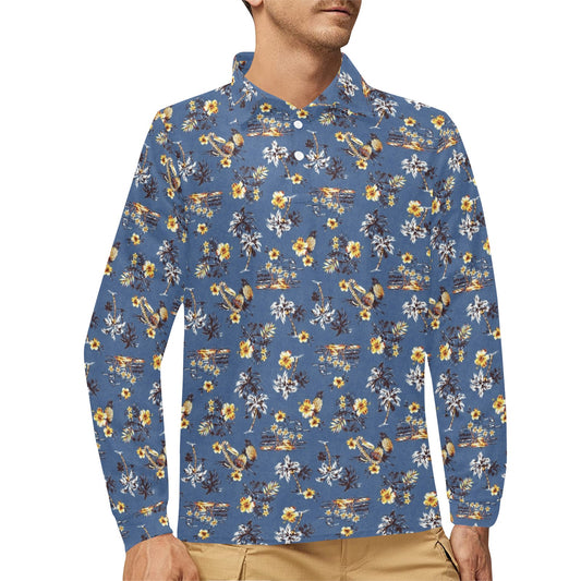 Hawaiian Flower Blue Print Long Sleeve Polo Shirt For Men's