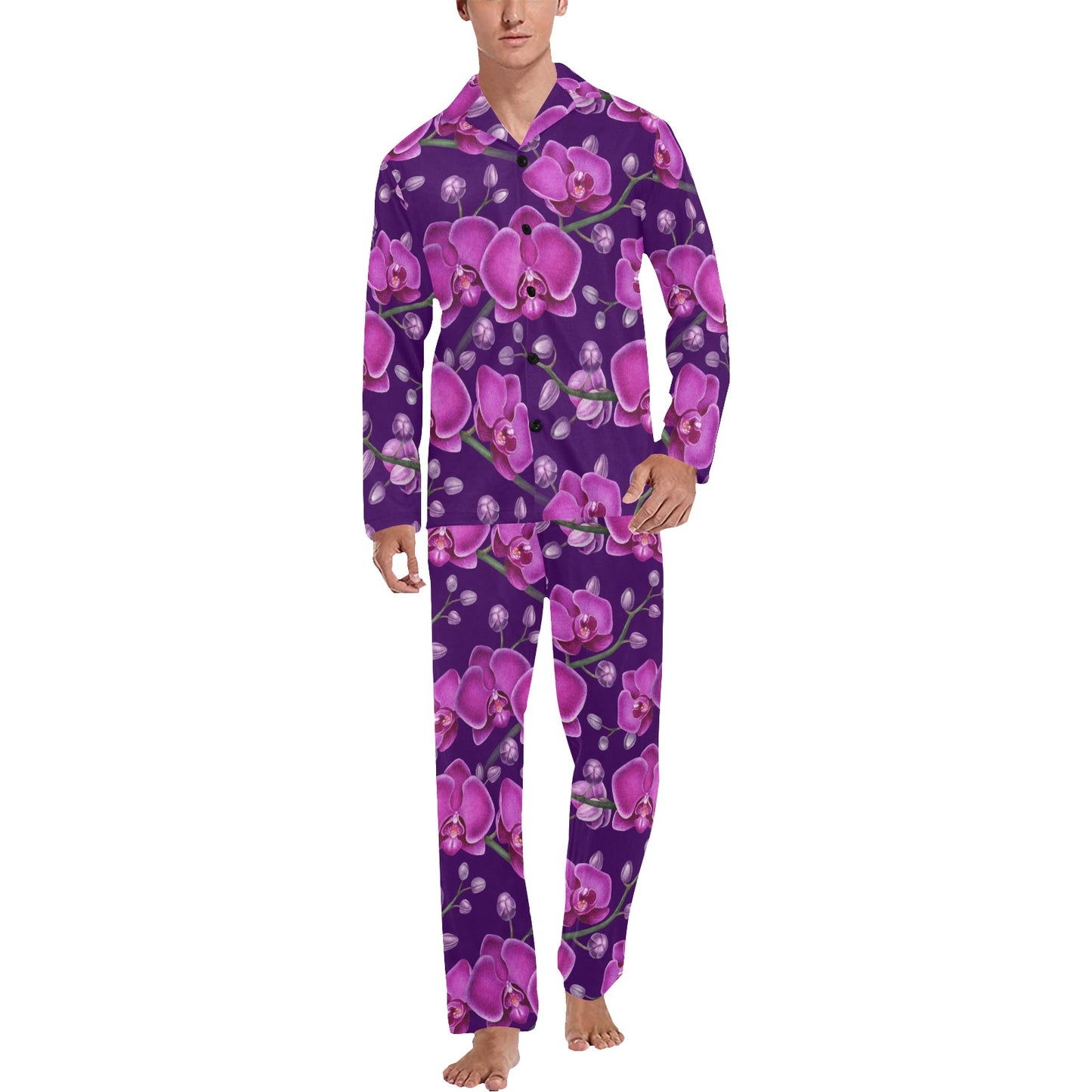 Orchid Pattern Print Design A03 Men's Long Pajama Set