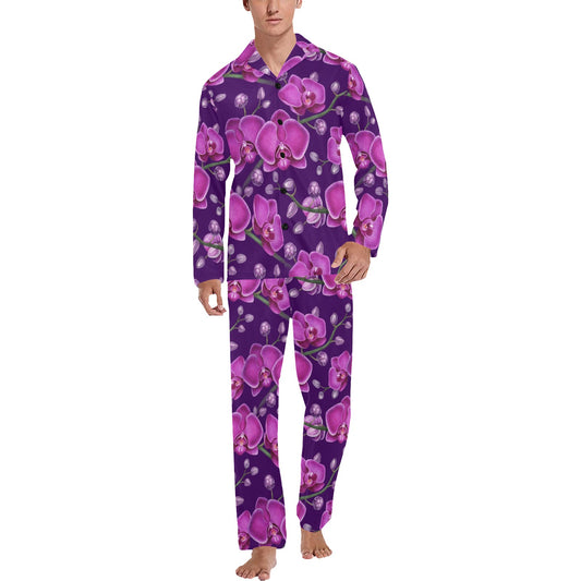Orchid Pattern Print Design A03 Men's Long Pajama Set