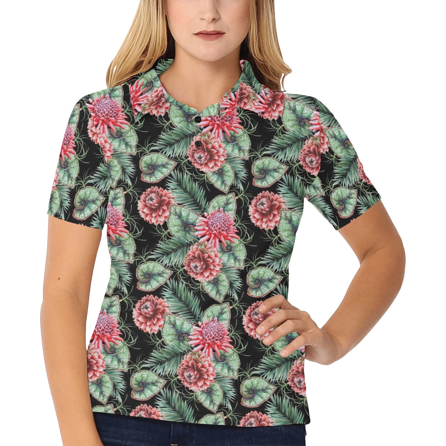 Dahlia Pattern Print Design DH06 Women's Polo Shirt