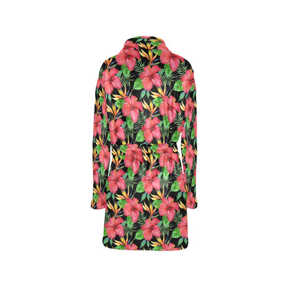 Red Hibiscus Pattern Print Design HB07 Women's Fleece Robe