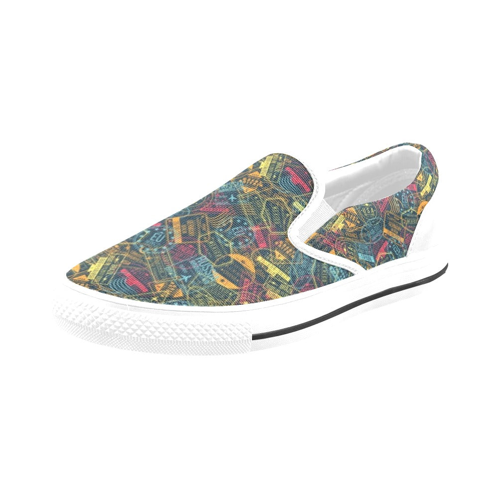 Travel Stamp Colorful Print Design LKS304 White Slip Ons Canvas Women's Shoes