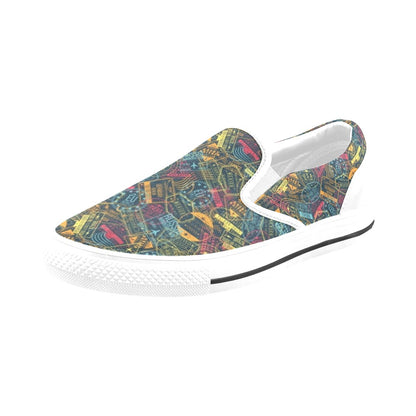 Travel Stamp Colorful Print Design LKS304 White Slip Ons Canvas Women's Shoes