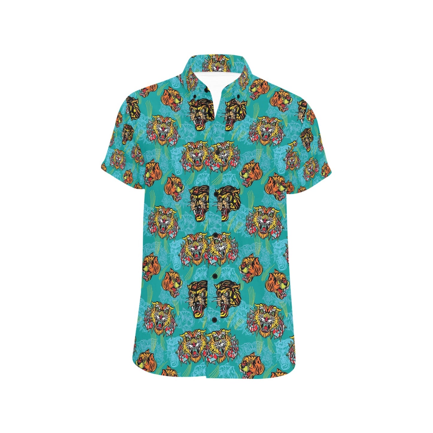 Tattoo Tiger Head Print Design LKS304 Men Short Sleeve Button Up Shirt