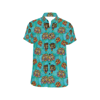 Tattoo Tiger Head Print Design LKS304 Men Short Sleeve Button Up Shirt