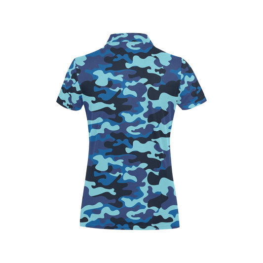 Camo Blue Pattern Print Design 04 Women's Polo Shirt