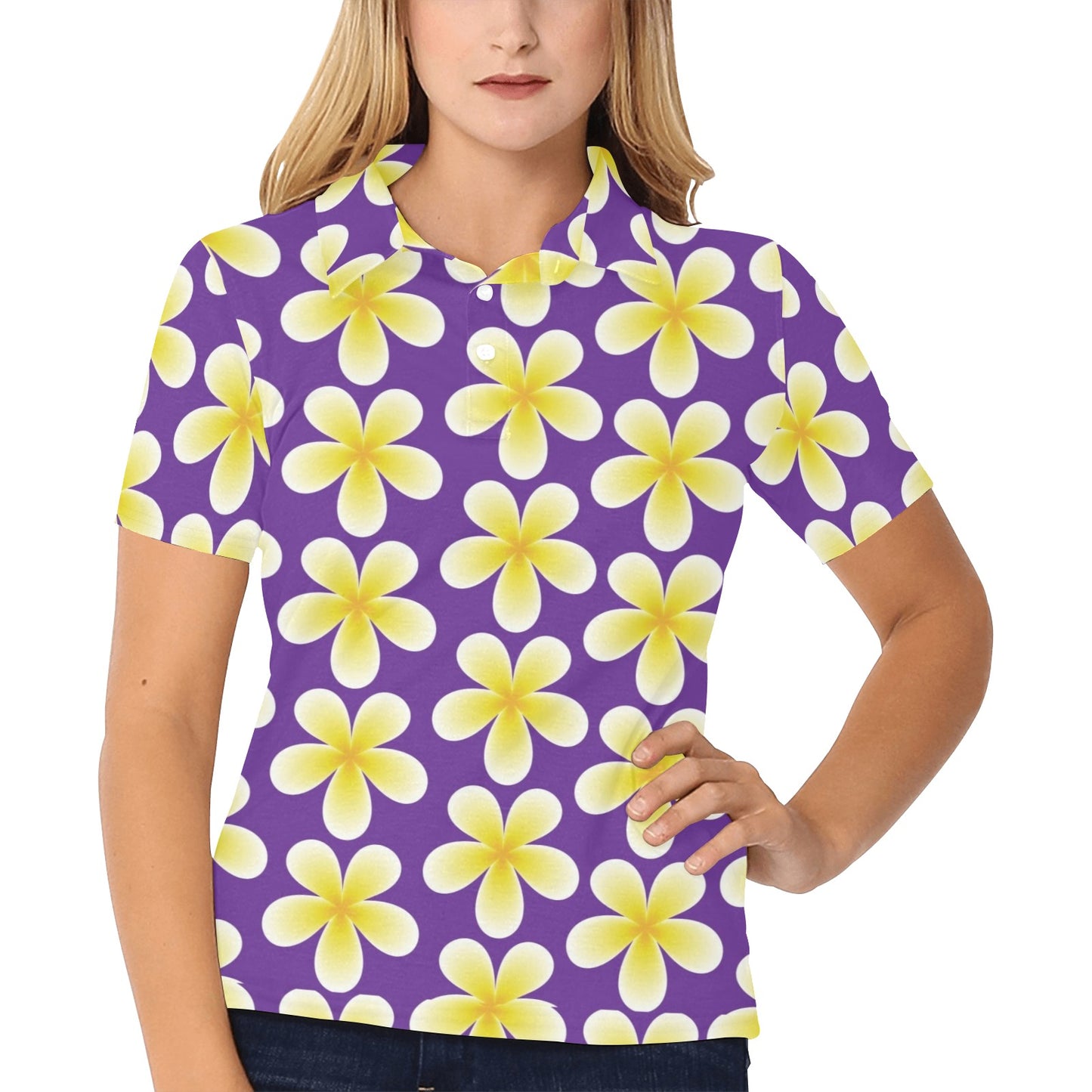 Yellow Plumeria Pattern Print Design PM05 Women's Polo Shirt