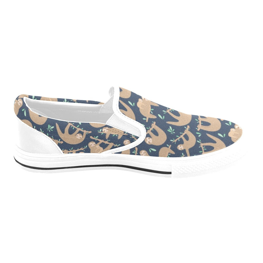 Sloth Print Design LKS307 White Slip Ons Canvas Women's Shoes