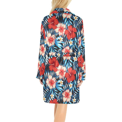 Red Hibiscus Blue Scene Women's Fleece Robe
