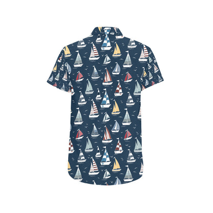 Sailboat Print Design LKS306 Men Short Sleeve Button Up Shirt