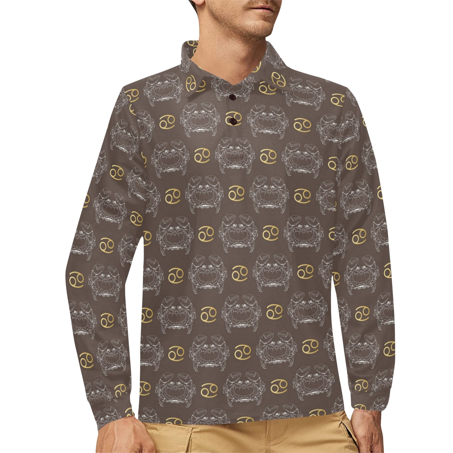 Cancer Zodiac Pattern Print Design 01 Long Sleeve Polo Shirt For Men's