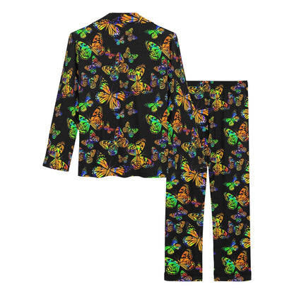Butterfly Neon Color Print Pattern Women's Long Pajama Set