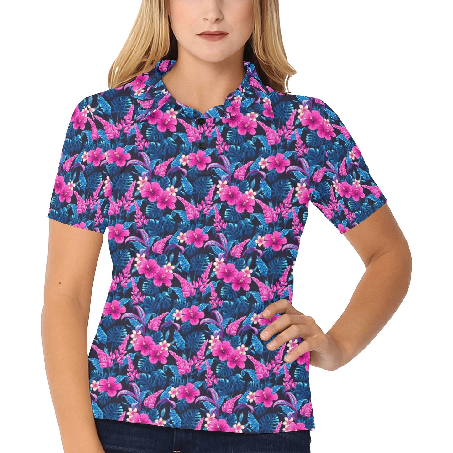 Tropical Folower Pink Themed Print Women's Polo Shirt