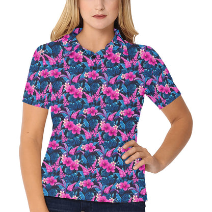 Tropical Folower Pink Themed Print Women's Polo Shirt