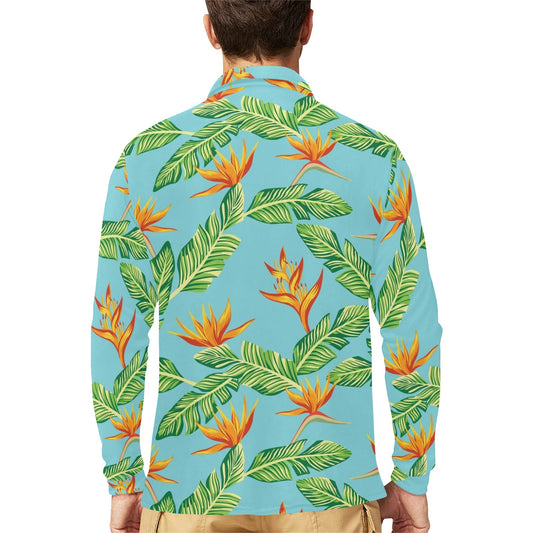 Bird Of Paradise Pattern Print Design BOP04 Long Sleeve Polo Shirt For Men's