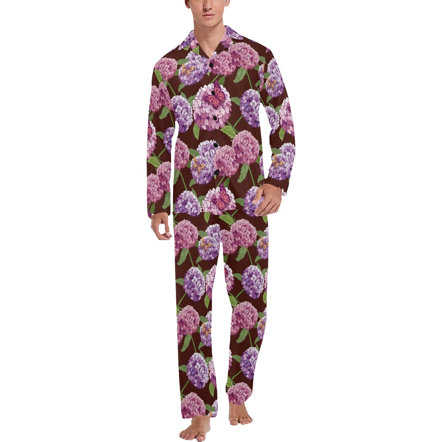 Hydrangea Pattern Print Design HD08 Men's Long Pajama Set