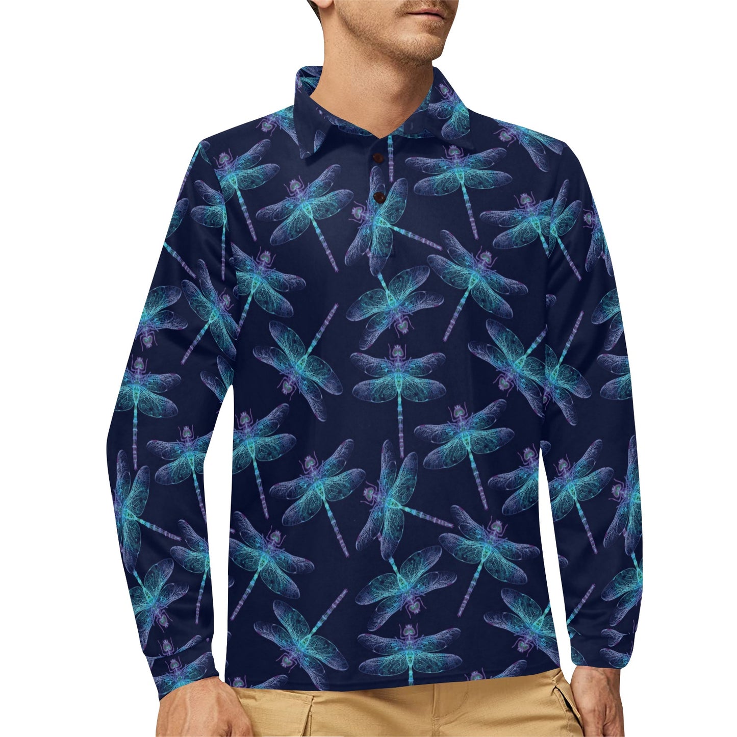 Dragonfly Hand Drawn Style Print Long Sleeve Polo Shirt For Men's