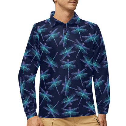 Dragonfly Hand Drawn Style Print Long Sleeve Polo Shirt For Men's