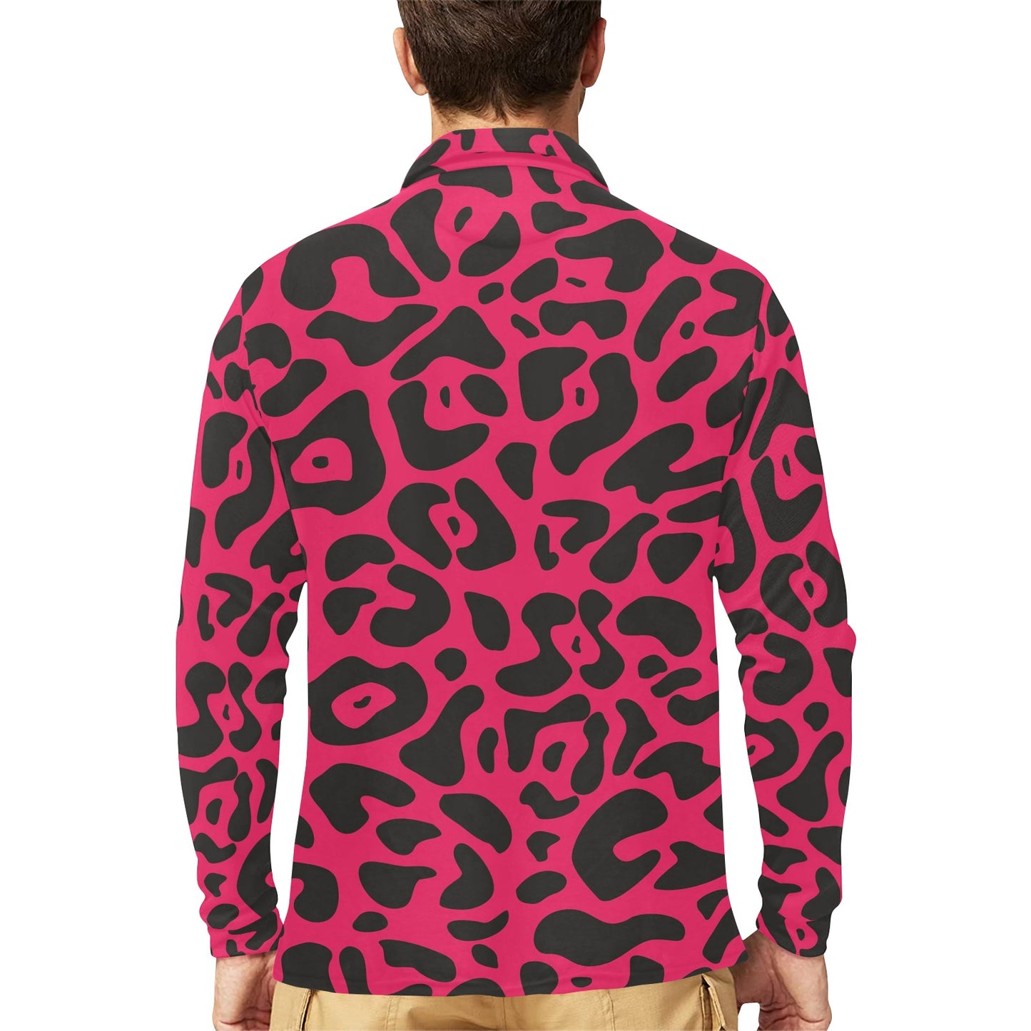 Cheetah Pink Print Pattern Long Sleeve Polo Shirt For Men's