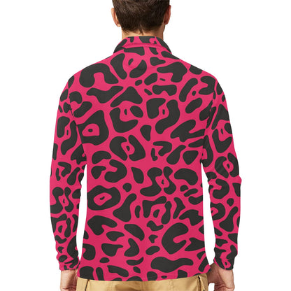 Cheetah Pink Print Pattern Long Sleeve Polo Shirt For Men's
