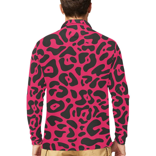 Cheetah Pink Print Pattern Long Sleeve Polo Shirt For Men's