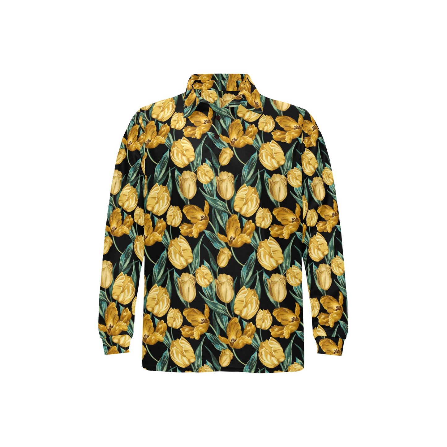 Elegant Yellow Tulip Print Long Sleeve Polo Shirt For Men's
