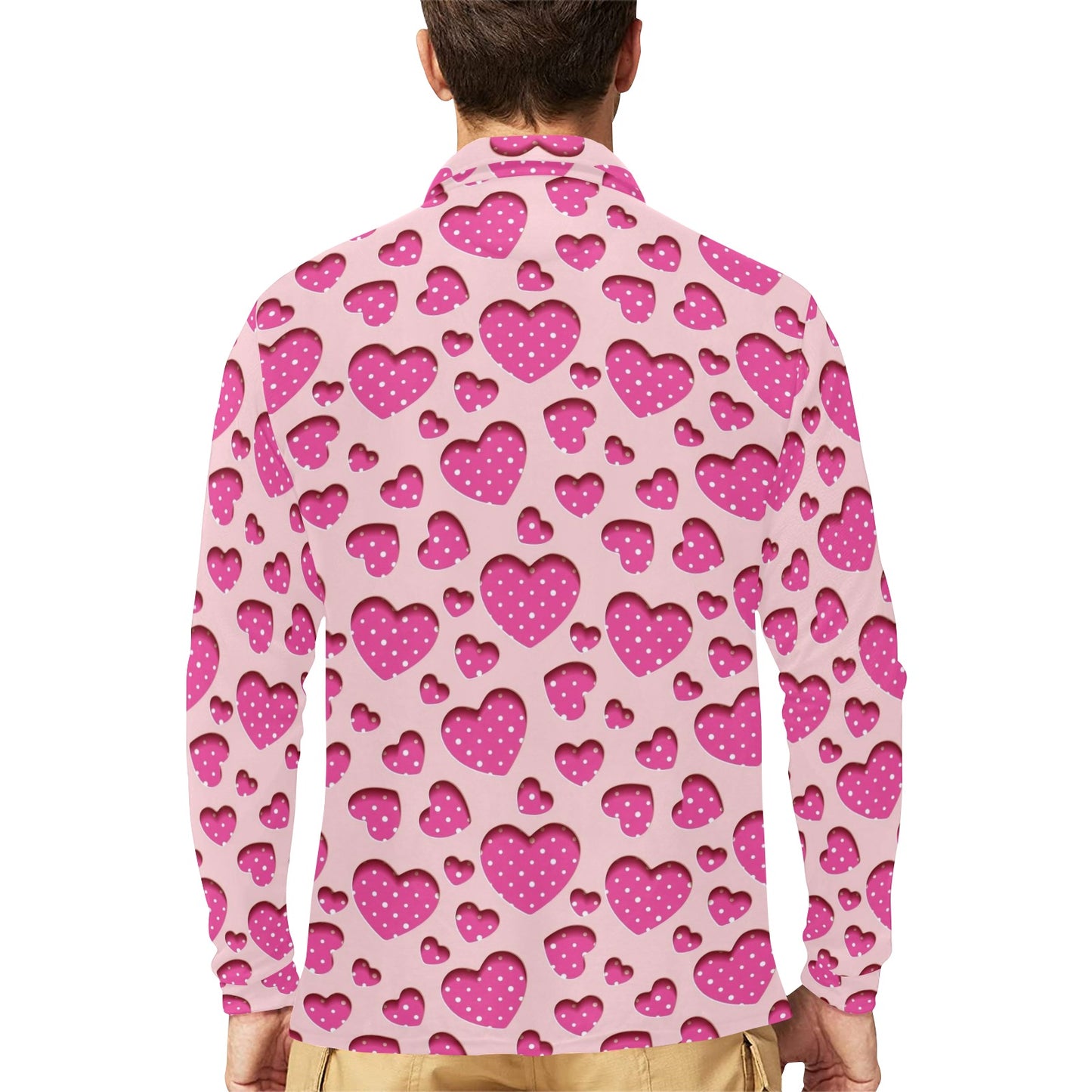 Heart Pink Pattern Print Design HE06 Long Sleeve Polo Shirt For Men's