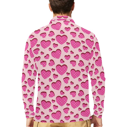 Heart Pink Pattern Print Design HE06 Long Sleeve Polo Shirt For Men's