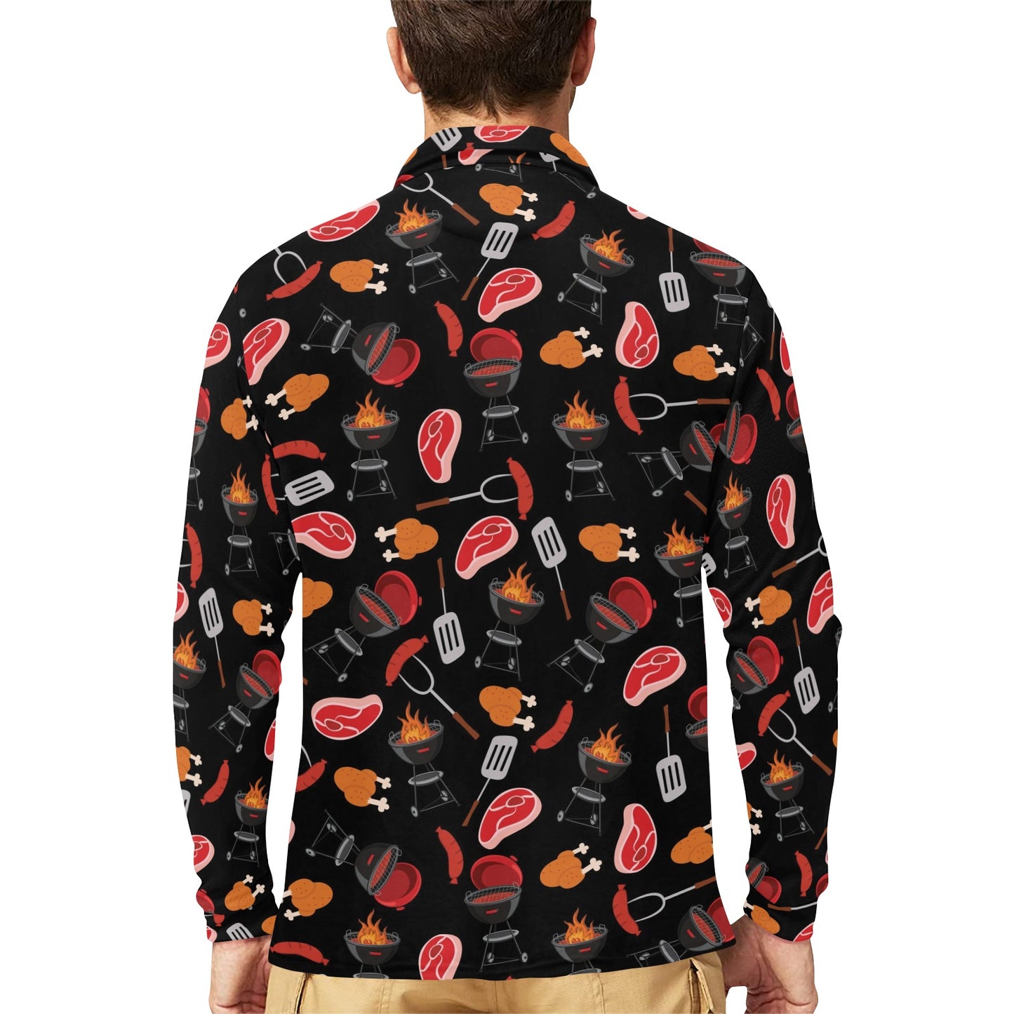Barbecue Pattern Print Design 04 Long Sleeve Polo Shirt For Men's