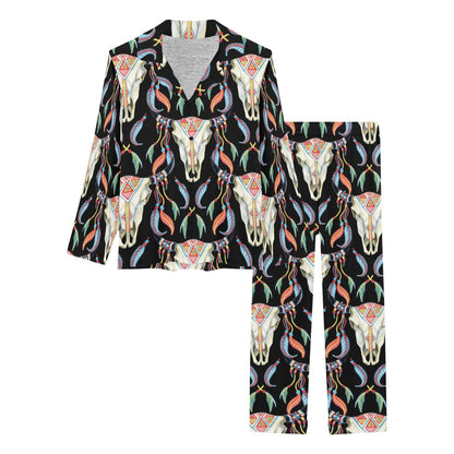 Buffalo Head Boho Style Pattern Print Design 01 Women's Long Pajama Set