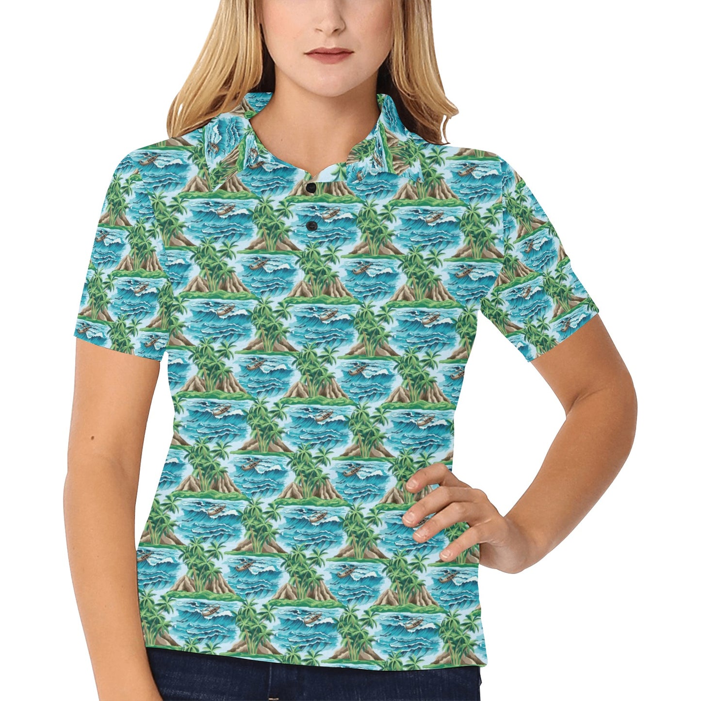 Palm Tree Hawaiian Themed Design Print Women's Polo Shirt