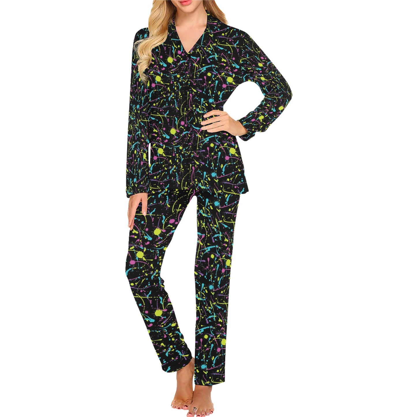 Splatter Multicolor Print Design LKS302 Women's Long Pajama Set
