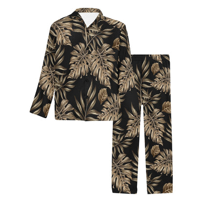 Brown Tropical Palm Leaves Men's Long Pajama Set