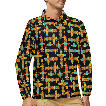 Totem Pole Cartoon Print Long Sleeve Polo Shirt For Men's