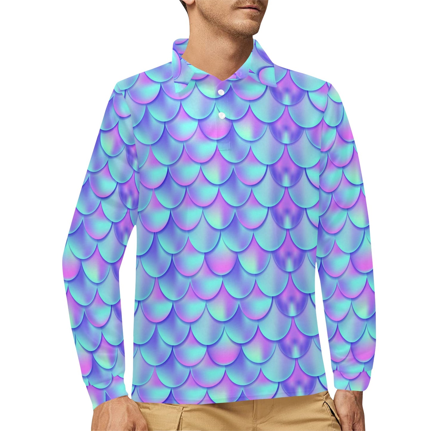 Mermaid Tail Design Print Pattern Long Sleeve Polo Shirt For Men's