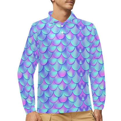 Mermaid Tail Design Print Pattern Long Sleeve Polo Shirt For Men's