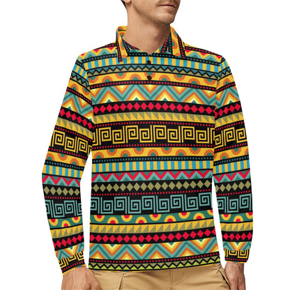 African Pattern Print Design 03 Long Sleeve Polo Shirt For Men's