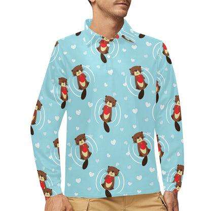 Sea Otter Cute Pattern Print Design 04 Long Sleeve Polo Shirt For Men's