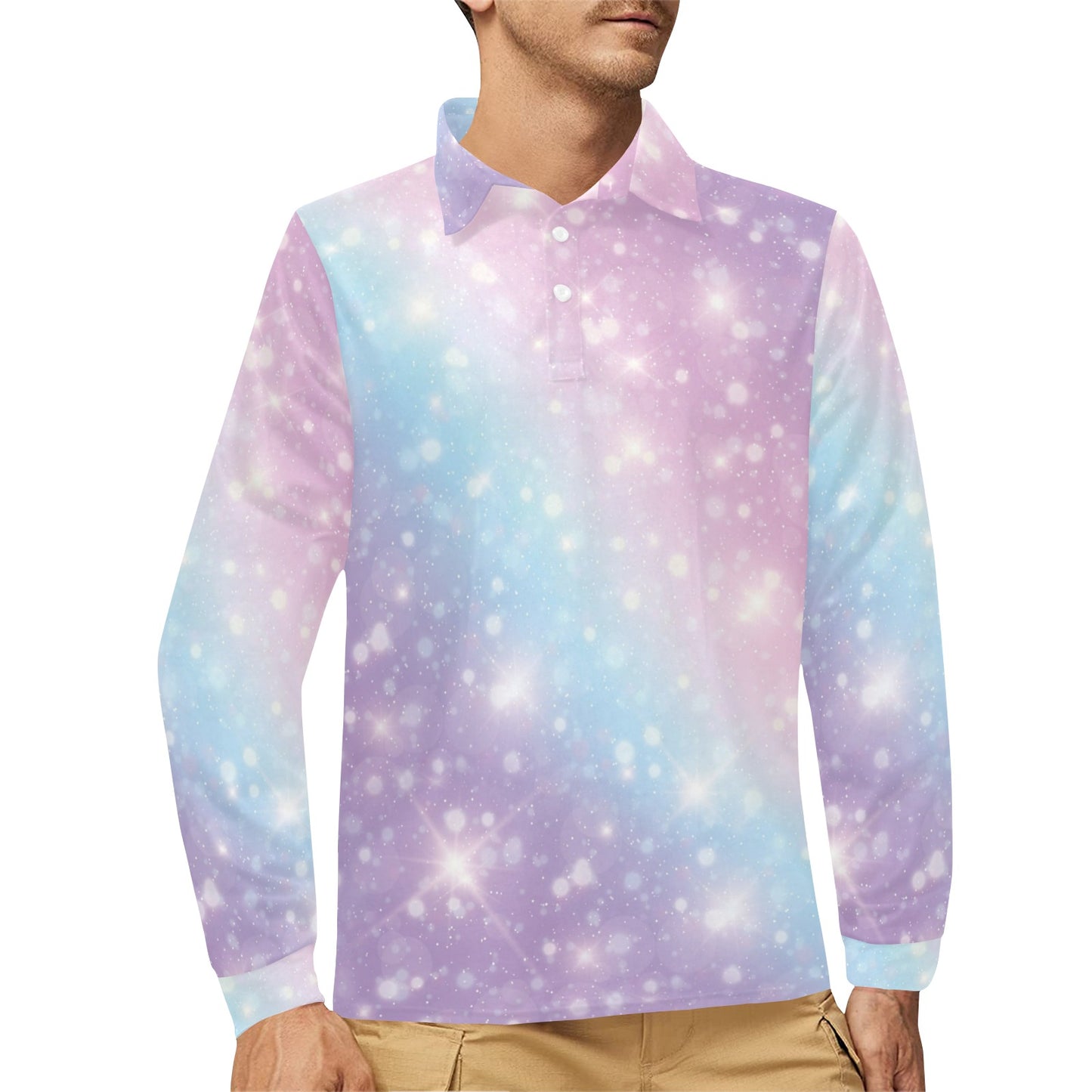 Cosmic Pastel Pattern Print Design 02 Long Sleeve Polo Shirt For Men's