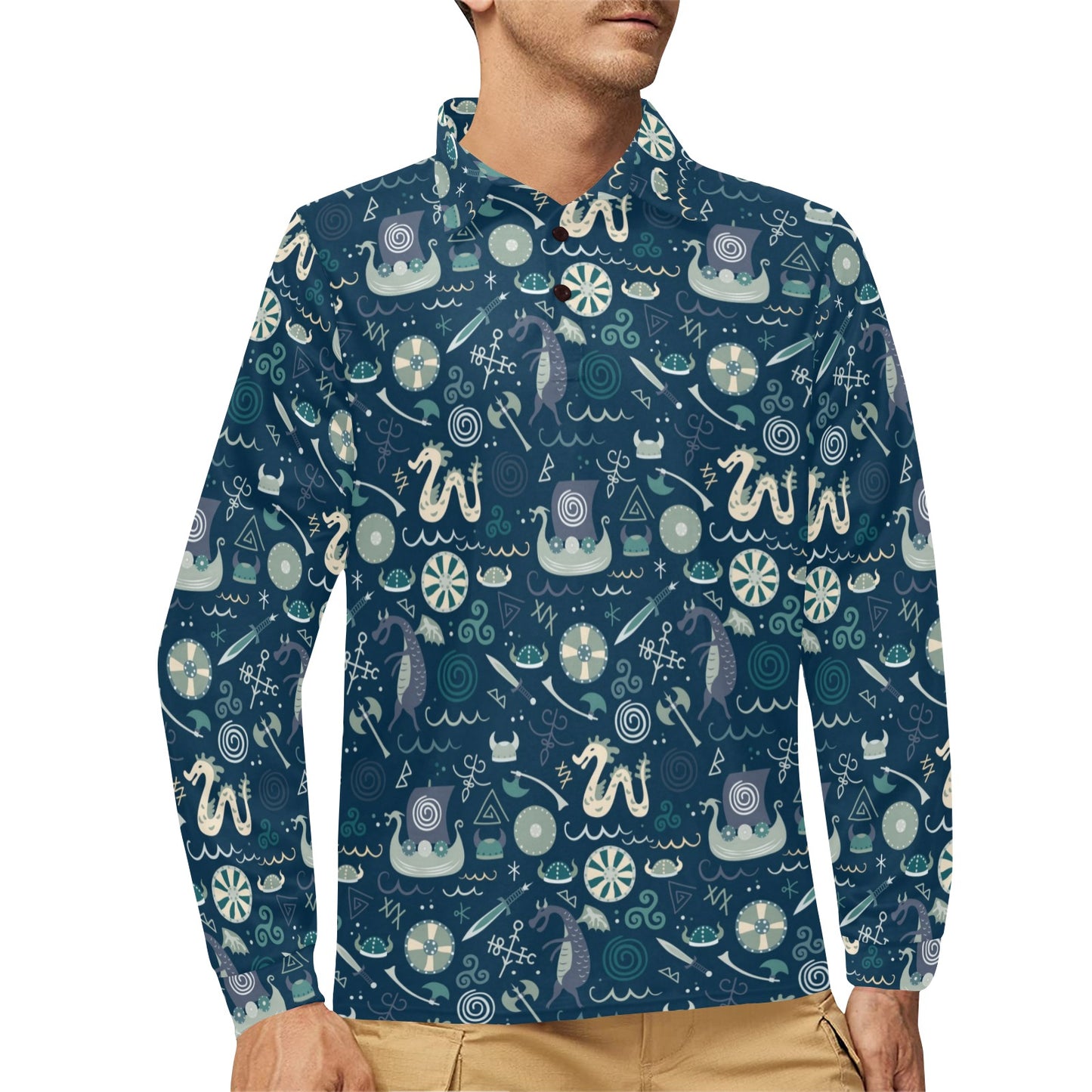 Vikings Print Design LKS305 Long Sleeve Polo Shirt For Men's