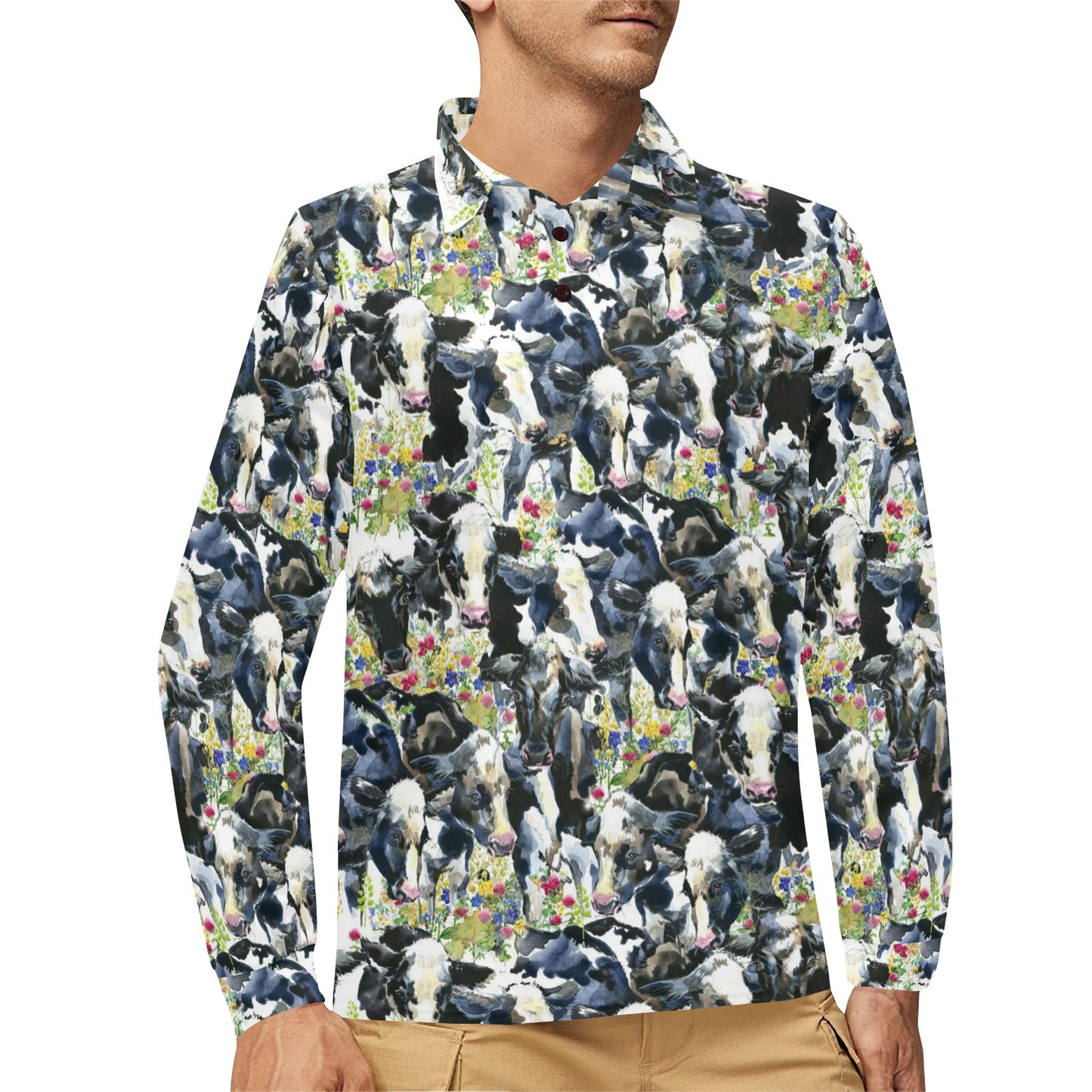 Cow Watercolor Print Pattern Long Sleeve Polo Shirt For Men's