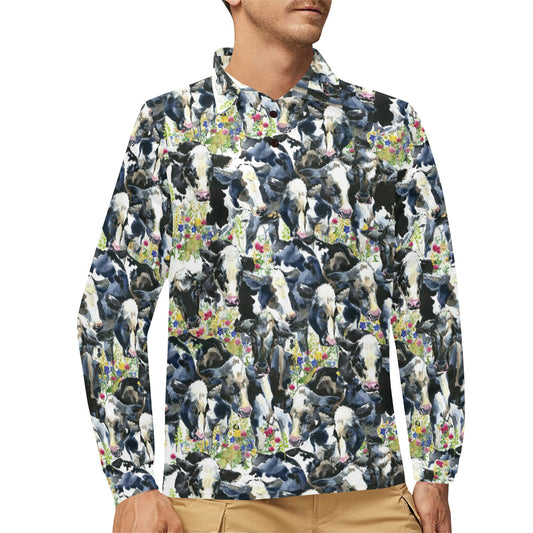 Cow Watercolor Print Pattern Long Sleeve Polo Shirt For Men's