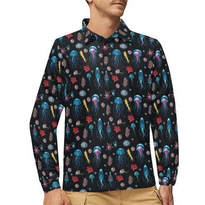 Jellyfish Underwater Print Long Sleeve Polo Shirt For Men's
