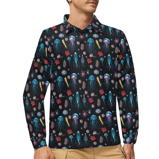 Jellyfish Underwater Print Long Sleeve Polo Shirt For Men's