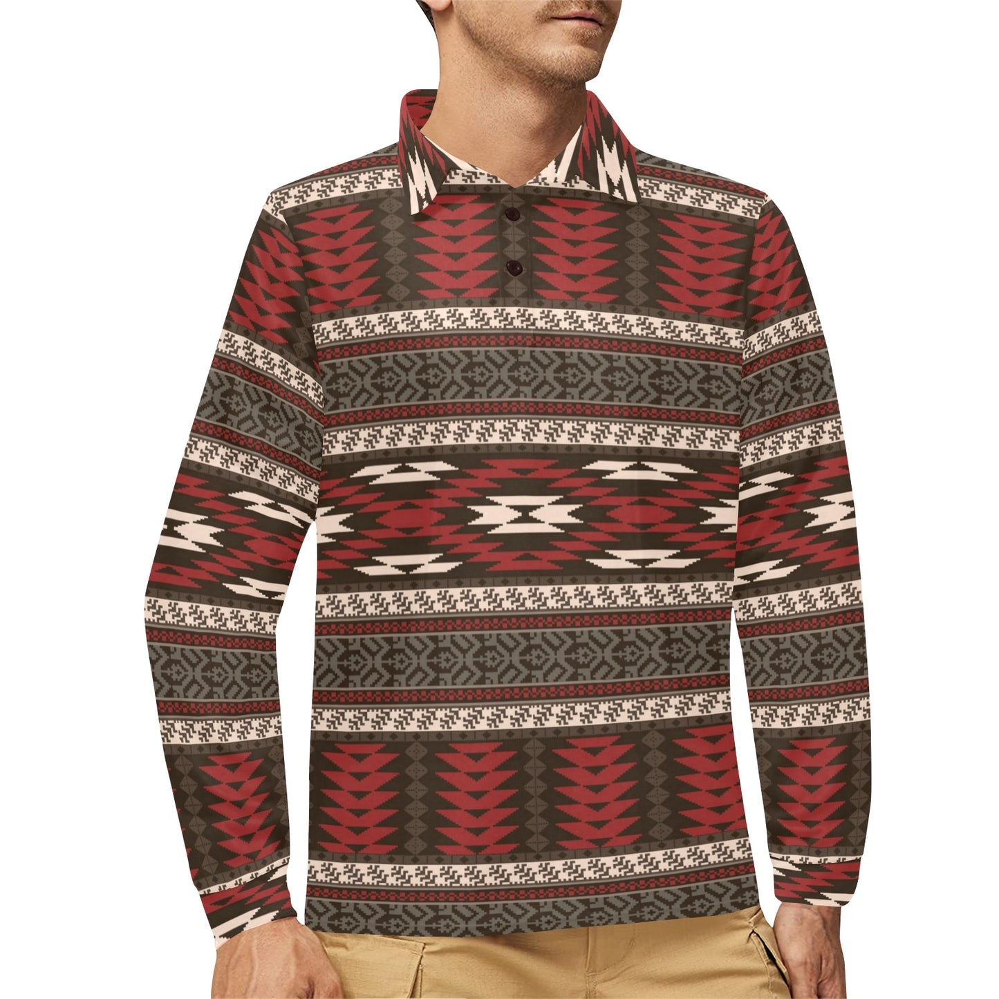 Native Pattern Print Design A03 Long Sleeve Polo Shirt For Men's