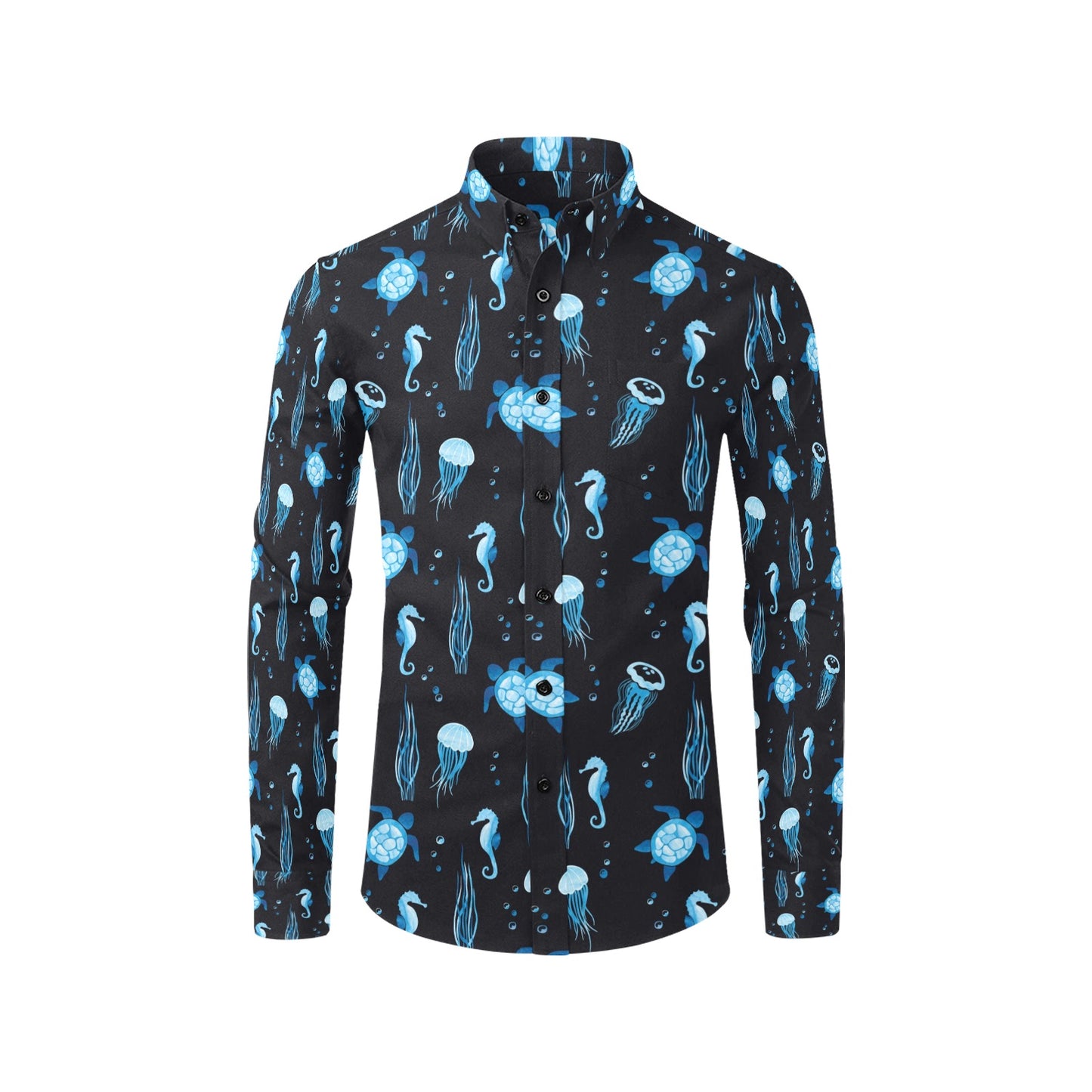 Sea Turtle Jelly Fish Sea Horse Print Design LKS3014 Men's Long Sleeve Dress Shirt